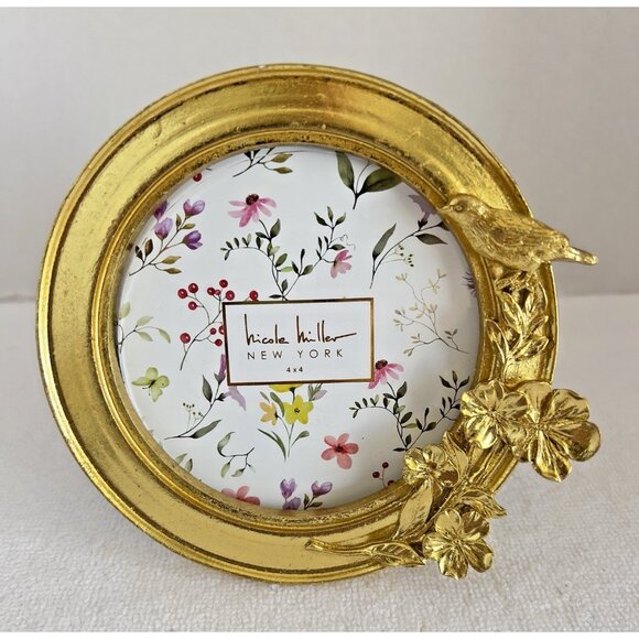 Nicole Miller 4x4 Round Gold Photo Frame Flower Birds Birthday Gardeners Gift - Picture 1 of 3